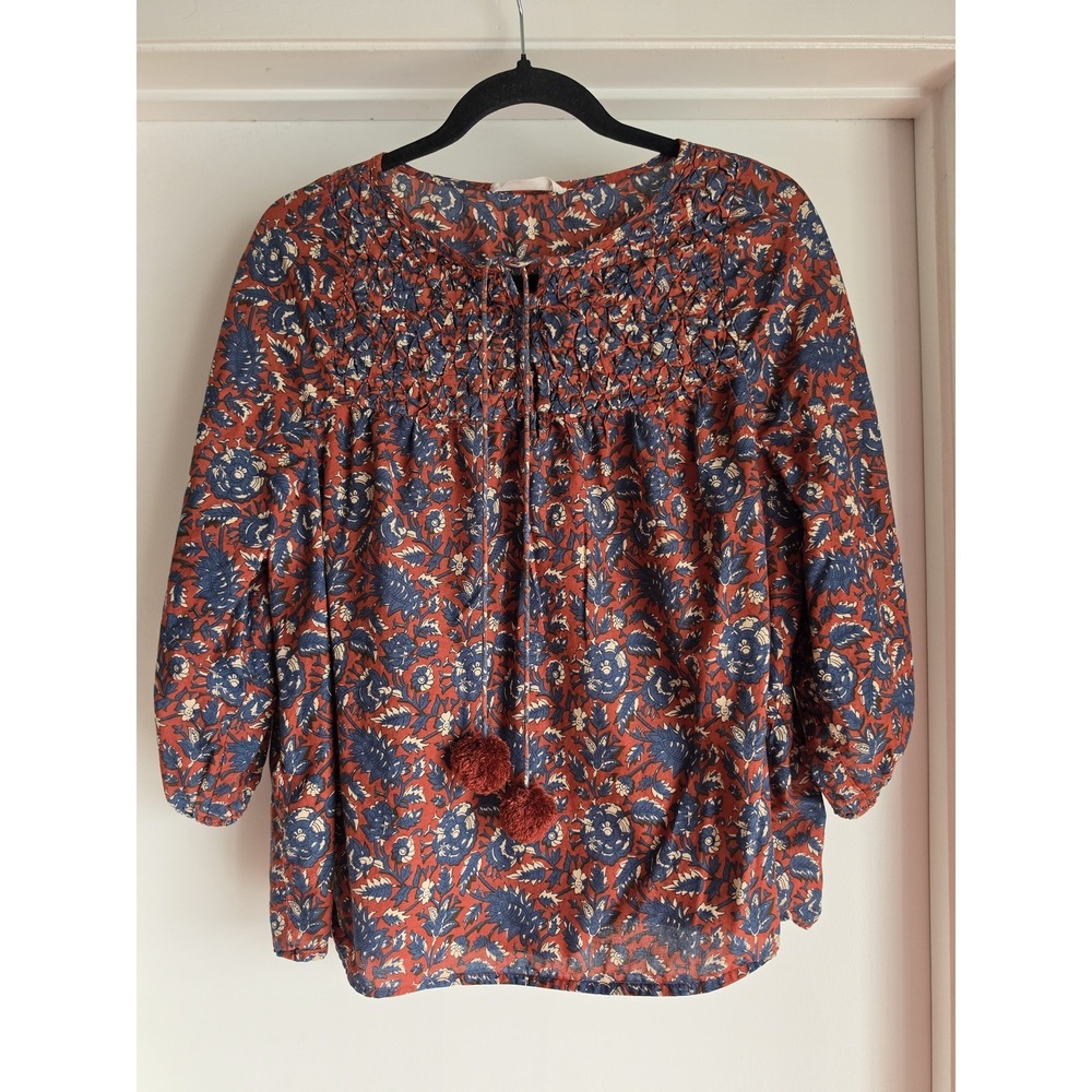 Mango Blouse Women L Floral 3/4 Sleeve Cotton Collared Red Blue Boho Top Pompom